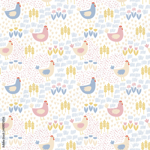 Vector seamless pattern with chickens, ears and flowers. Easter illustration. Design for fabrics, wrapping paper, scrapbooking or brand package.