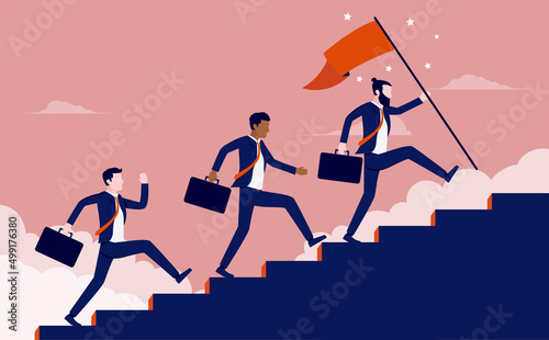 Business people running - Group of people in career race going fast up stairs to success while holding flag in hand. Competition and achievement concept vector illustration