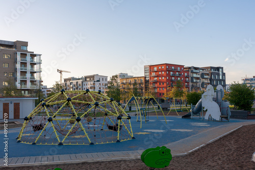 children playground europe urban street city Malmo Sweden modern residential architecture 