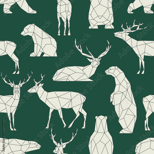 Polygon bears, deers pattern. Low poly forest animal. Triangle graphic