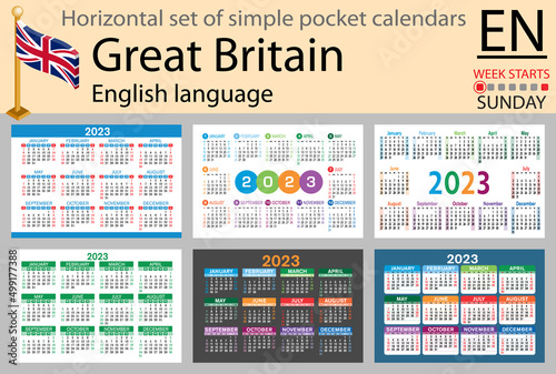 English horizontal pocket calendar for 2023. Week starts Sunday