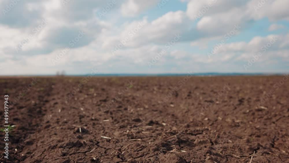 Agricultural landscape arable field. business agriculture concept. walk on brown black soil arable a land. preparation for sowing crops in agriculture landscape crop motion steadicam. farming field