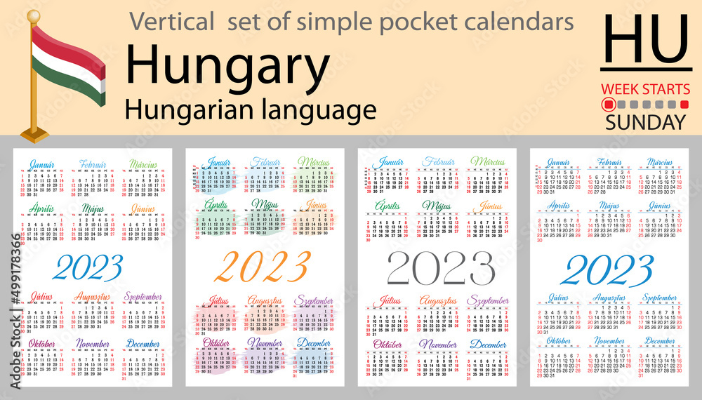 Hungarian vertical pocket calendar for 2023. Week starts Sunday Stock