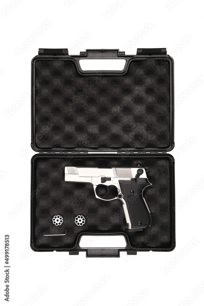 Air gun. Modern pneumatic weapon for air soft, sports and entertainment. A dummy, a copy of a real pistol. Isolate on a white back Air gun. Modern pneumatic weapon for air soft, sports and entertainment. A dummy, a copy of a real pistol. Isolate on a white back