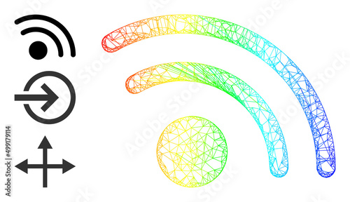 Spectrum colored net Wi-Fi access point. Linear carcass flat net abstract image based on Wi-Fi access point icon, created with crossed lines. Vibrant net icon.