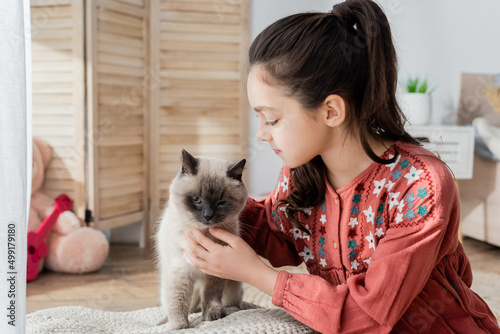 brunette girl with ponytail stroking cat at home.