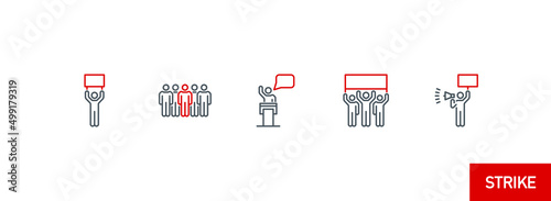 crowd of protesting activists at demonstrate single line icon isolated on white. Perfect outline symbol strike of group people against the war. rebels and insurgents element with editable Stroke line