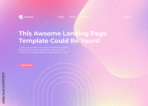 Holographic Abstract Landing Page Template. Soft purple and pink Gradient Mesh with Vector Lines
