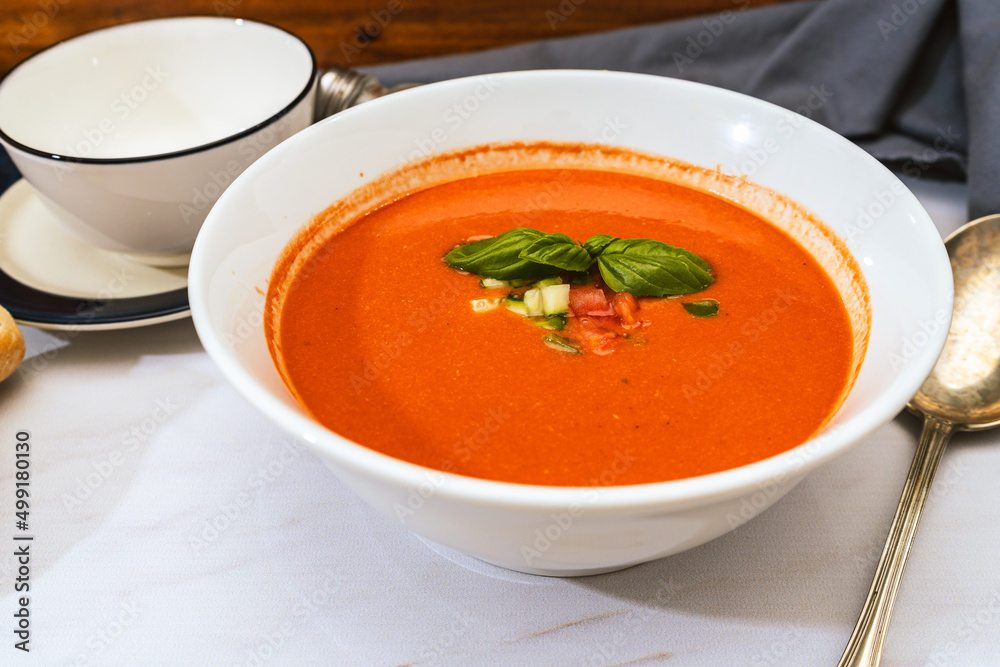 High view of a fountain with Andalusian Gazpacho. A vegetable and organic summer soup or cold drink. High view of a fountain with Andalusian Gazpacho. A vegetable and organic summer soup or cold drink.