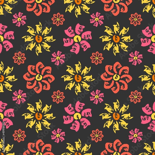 Seamless pattern with flowers from brush strokes.