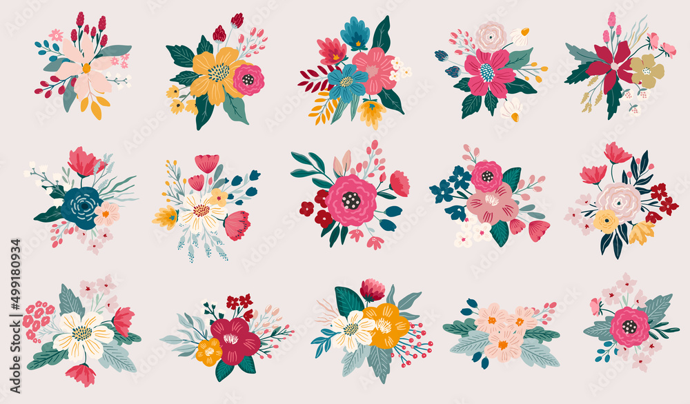 Big collection of hand drawn vector floral bouquets, flower clipart illustration isolated on white background. Bright florals meadow collection of decorative elements Big collection of hand drawn vector floral bouquets, flower clipart illustration isolated on white background. Bright florals meadow collection of decorative elements