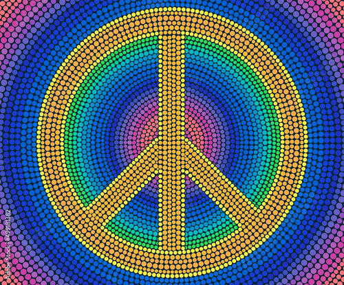 Peace Sign formed by many small colored cirles. Rainbow mosaic vector illustration