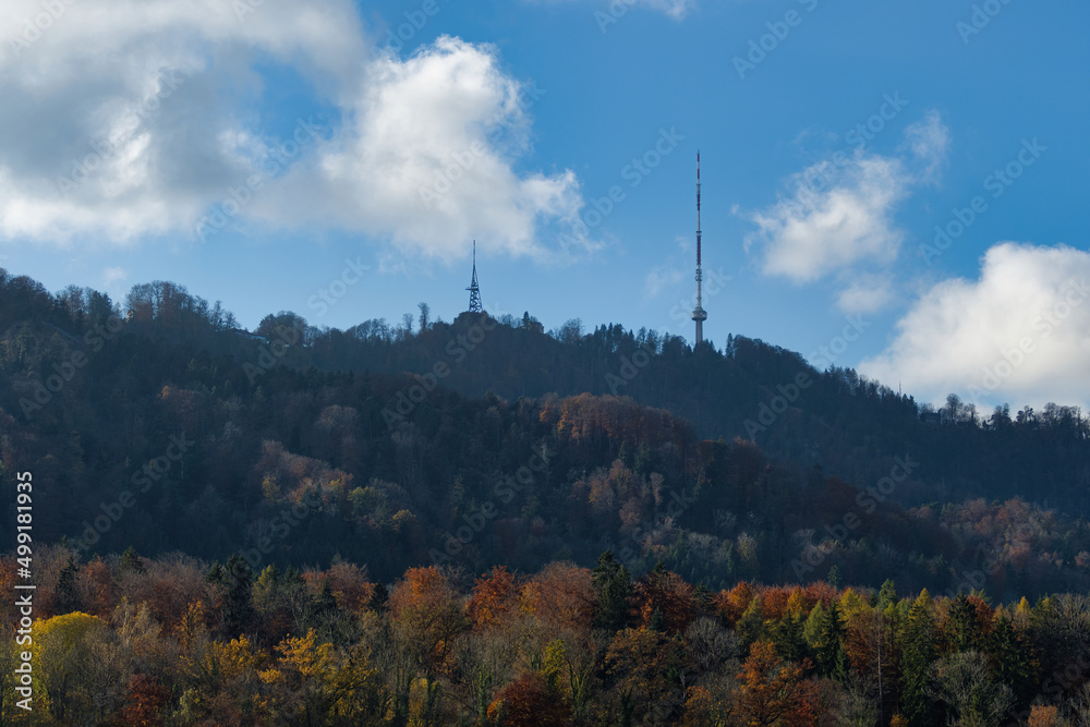 Obraz premium TV Tower on Uetliberg with fall foliage in Zurich, Switzerland