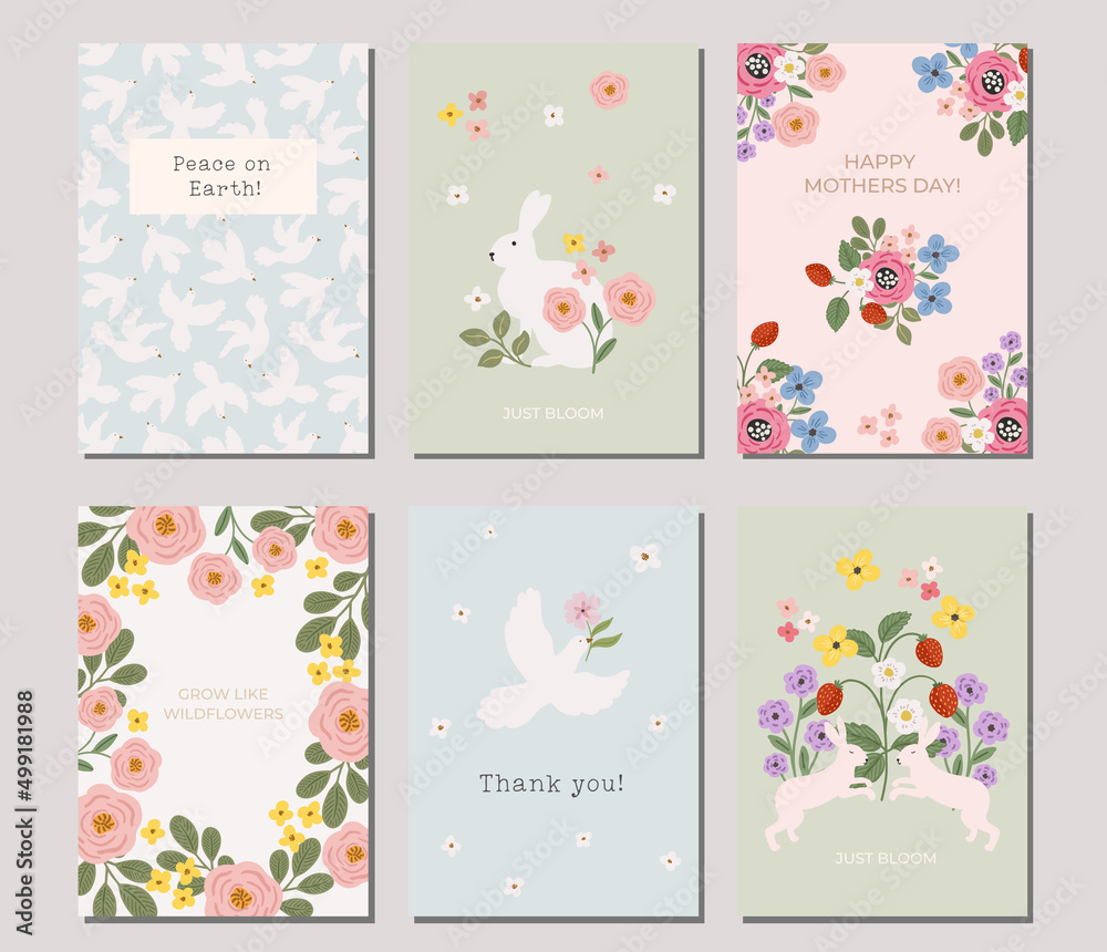 Set of spring floral card, poster, banner, flyer, invitation templates. Mothers day digital backgrounds, greeting cards