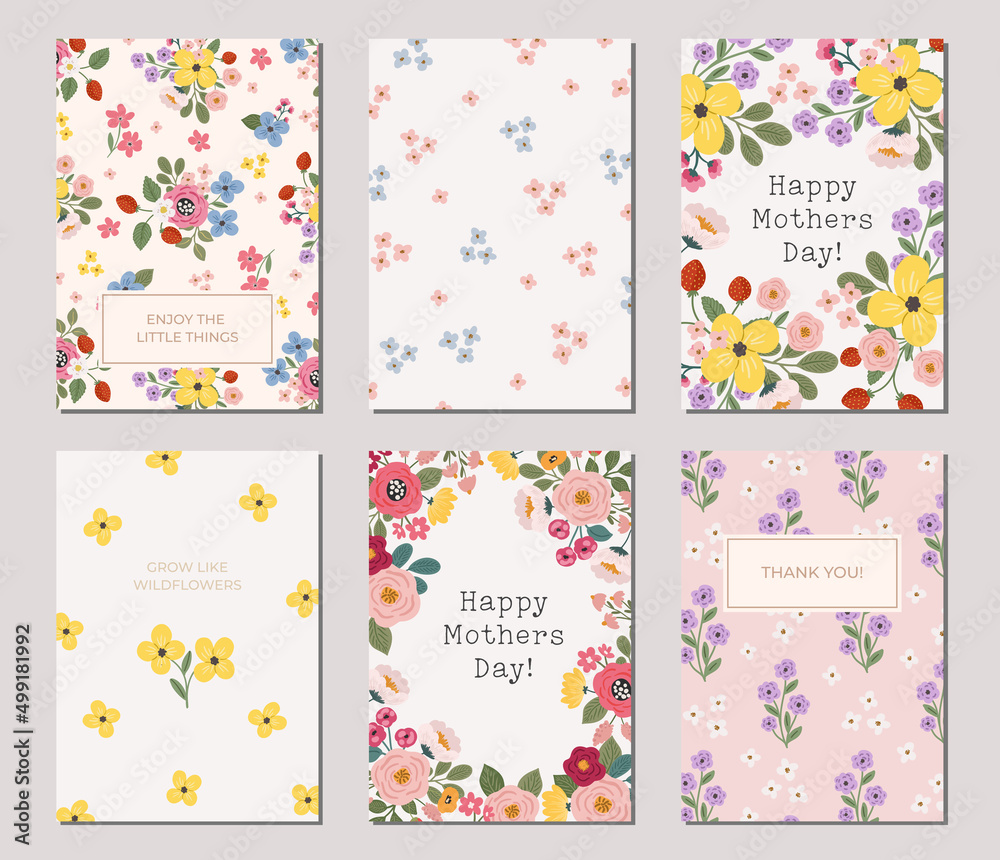 Set of spring floral card, poster, banner, flyer, invitation templates. Mothers day digital backgrounds, greeting cards, baby shower invitations.