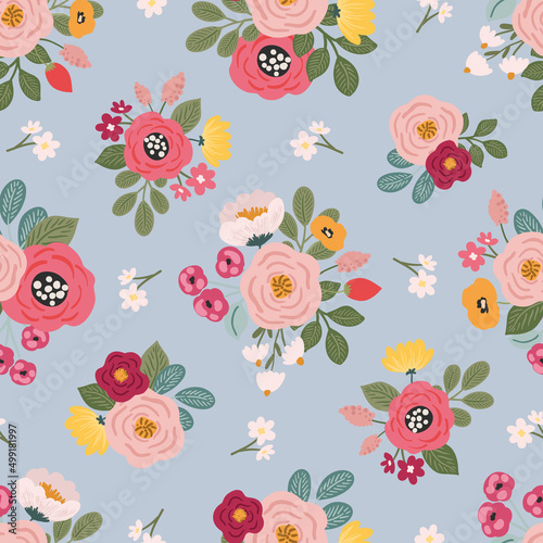 Bright feminine meadow flower seamless pattern, colorful hand drawn vector digital paper background for fabric, textile, stationery, wallpaper.