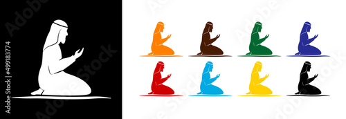 Muslim man praying, icon in different colors.