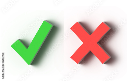 Green check mark and red cross. Choice concept - yes or no, accept or decline. 3D render illustration.