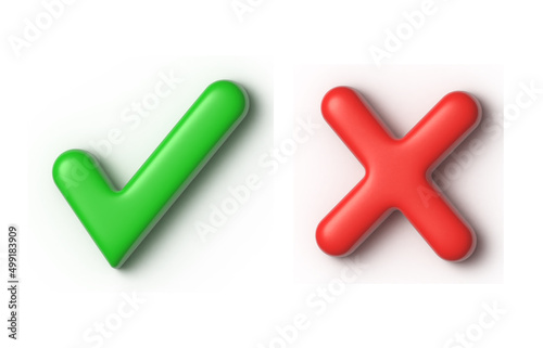 Green check mark and red cross isolated on white background with shadow. Choice concept - yes or no, accept or decline. 3D rendering.