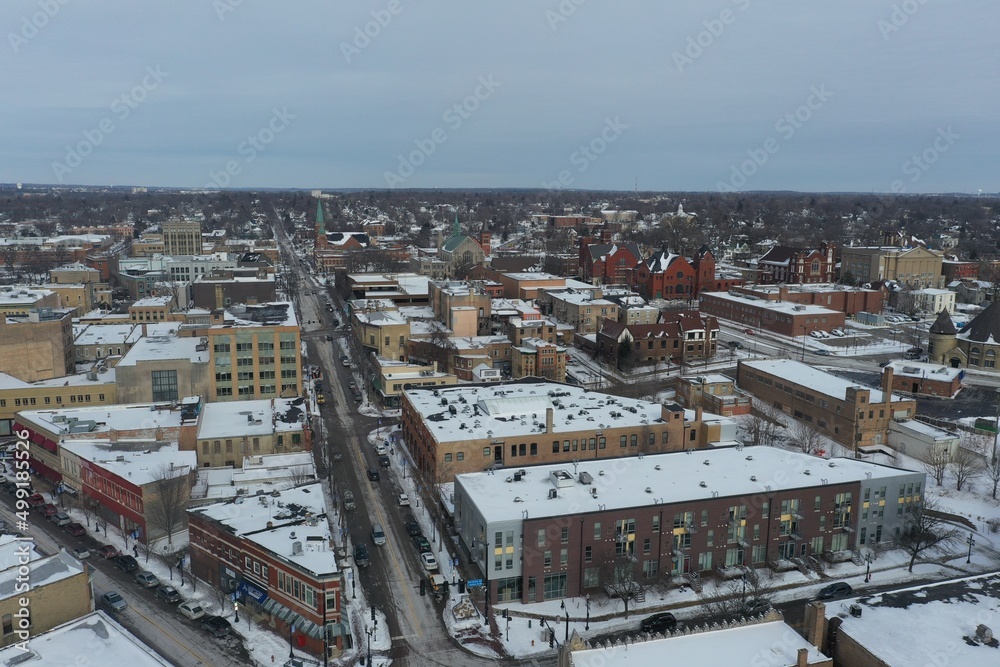 Aerial view of Elgin, Illinois, Kane County in the winter time.