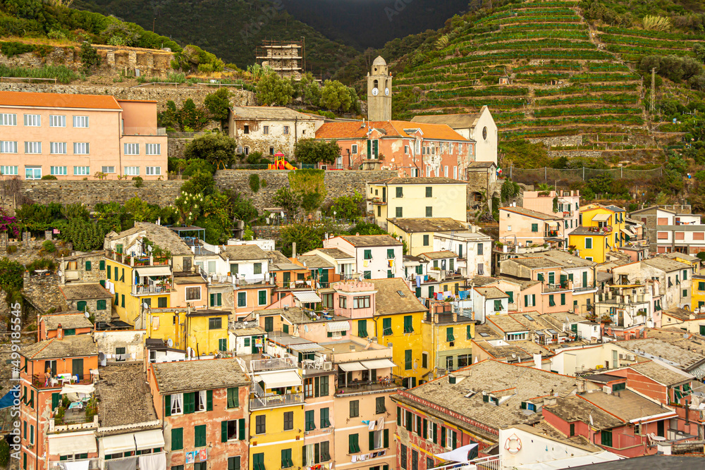 Panoramic aerial view of Vernazza fishing village at sunset, seascape in Cinque Terre National Park, Liguria, Italy, La Spezia province