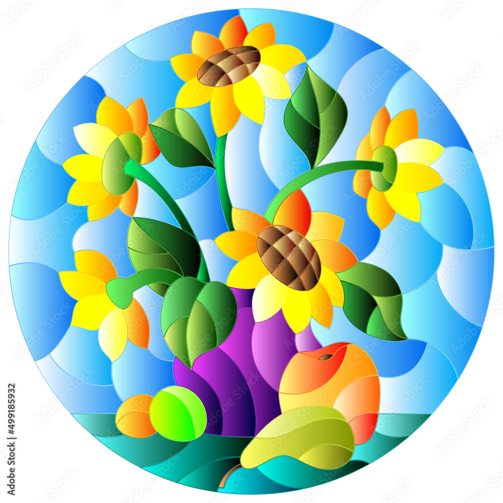 Naklejka premium Illustration in stained glass style with still life, a bouquet of sunflowers and fruit on a blue background, round image
