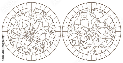 Set of outline illustrations with insects and flowers, Rhino beetle and bee, dark outlines on white background