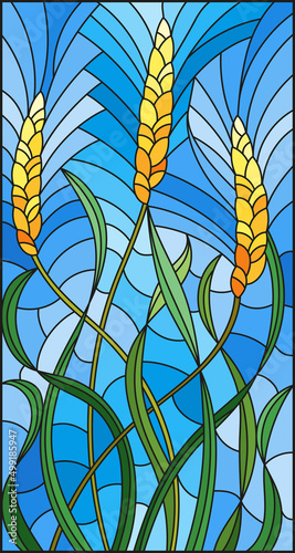 Illustration in stained glass style with spikes of cereal plants on a blue background