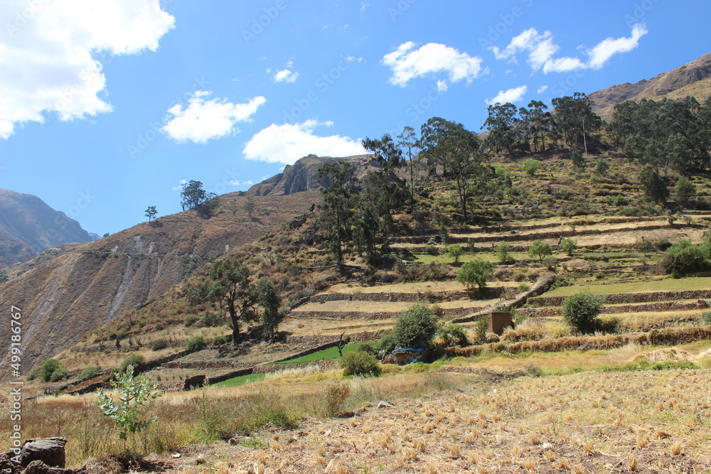 Beautiful landscape of antique platforms in San Lorenzo de Quinti town in Huarochiri, highlands of Lima
