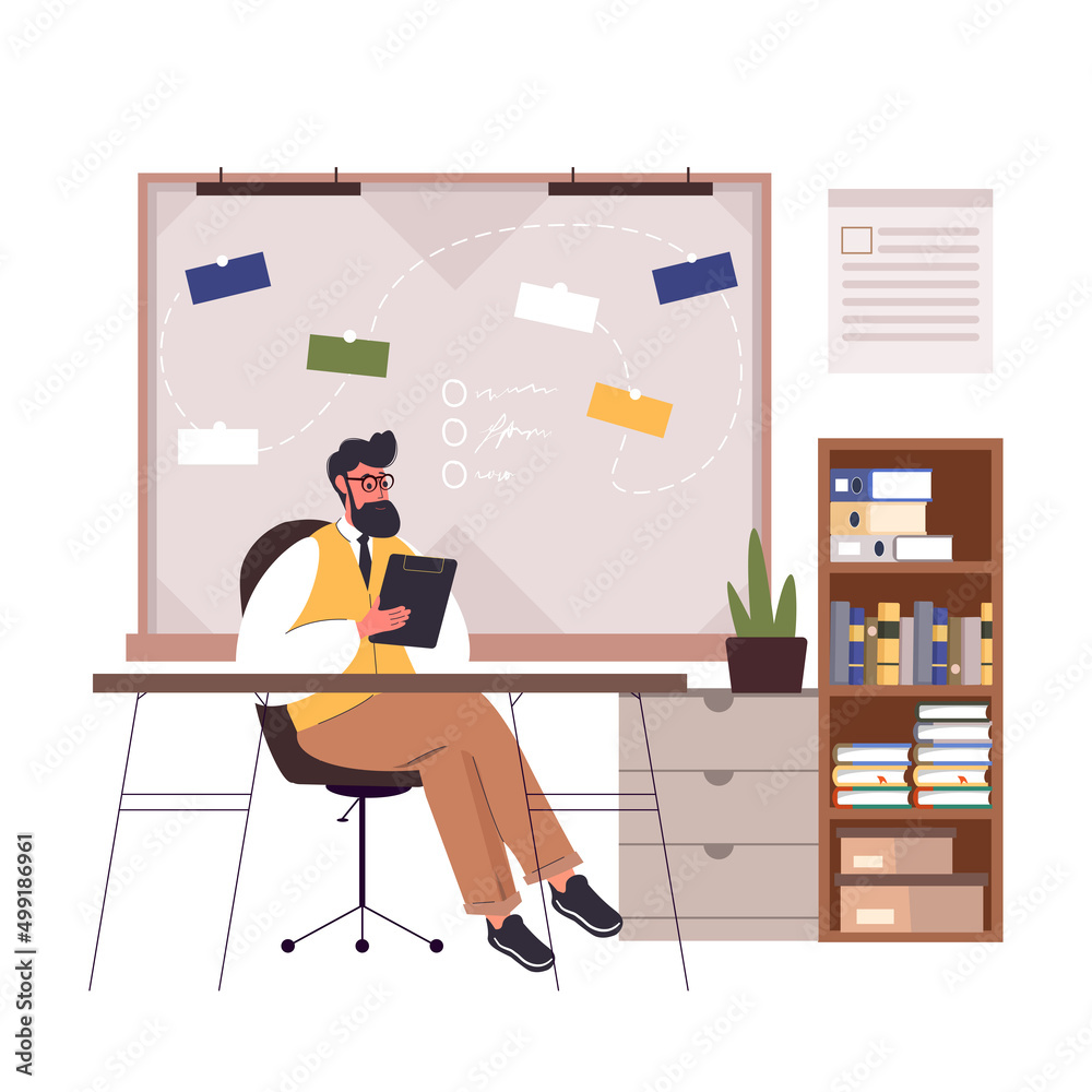 Male teacher teach in classroom. Education, learning, explanation, lecture concept. Teacher professor lecturer explains material at school lesson or at university near blackboard vector illustration