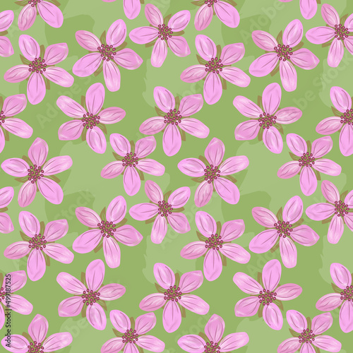 Pink delicate flower on a light green background. Seamless Paattern
