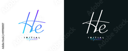 Initial H and E Logo Design in Elegant Blue Handwriting Style. HE Signature Logo or Symbol