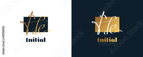 H E Initial Signature Logo Design in Gold Handwriting Style. H and E Initial Logo or Symbol