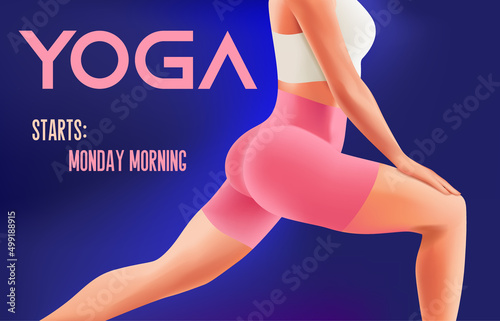 Yoga fitness class banner poster with slim woman body in pink gym sportswear top and shorts, online course advertising, vector
