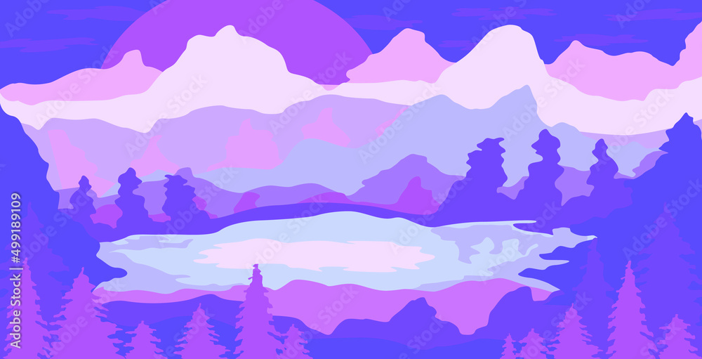 Cold night cartoon mountains with lake landscape, view. Hills, clouds, sun, moon. Flat abstract illustration. Cold night cartoon mountains with lake landscape, view. Hills, clouds, sun, moon. Flat abstract illustration.