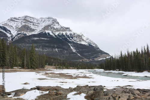 Frozen waterfall in Canadian rocky mountains during winter