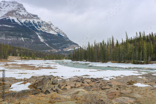 Frozen waterfall in Canadian rocky mountains during winter