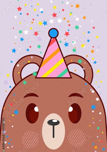 Cute cartoon bear illustration  animal character. Birthday greeting card.  Vector eps10
