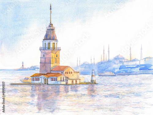 The Maiden's Tower, Kiz Kulesi in the Bosphorus in Istanbul, the capital of Turkey, is painted in watercolor. Tourist historical landmark of the 18th century.