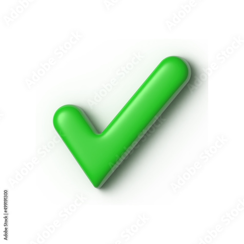 Green check mark icon isolated on white background with shadow. 3D rendering.