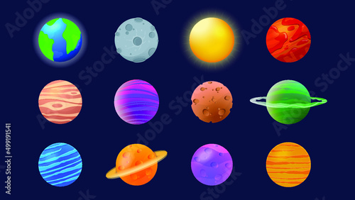 Planets vector set, earth, sun, moon and other space elements