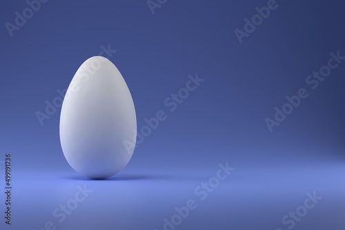 White chicken egg on a blue background. Place for text. Easter background. 3D rendering.