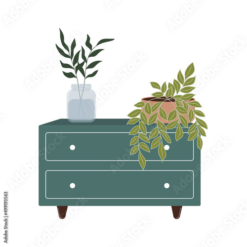 Plants in flower pot on the commode vector flat Illustration. Home decoration.