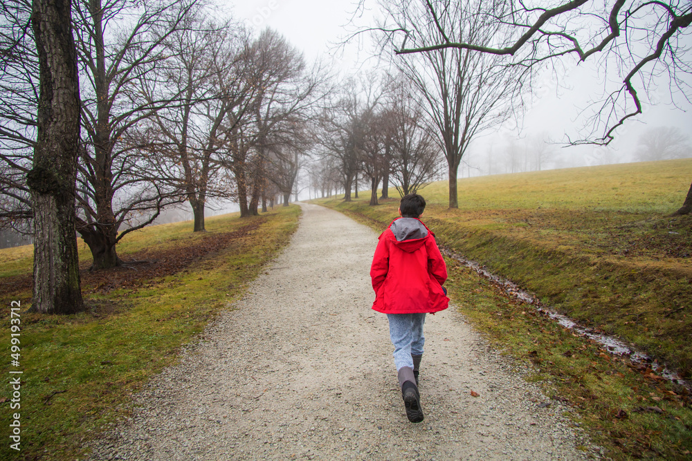 Boy in a red jacket walking on a path on a cloudy day