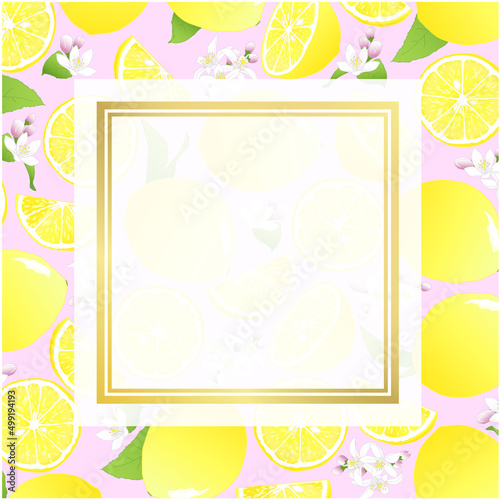 レモンの実と花の背景⑤正方形_金枠風_ピンク