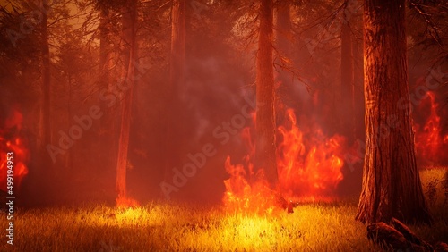 Wildfire in the forest 3d rendering