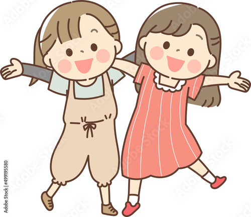 肩を組んでバンザイをする女の子