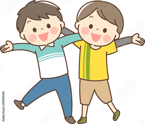 肩を組んでバンザイをする男の子