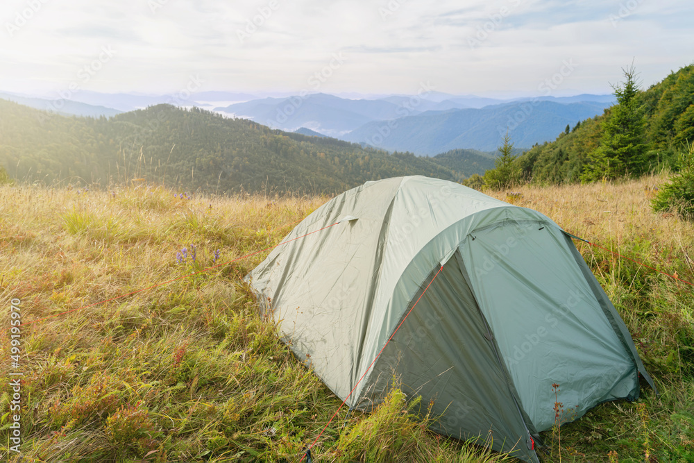 Green tourist tent in the mountains nature (travel concept)