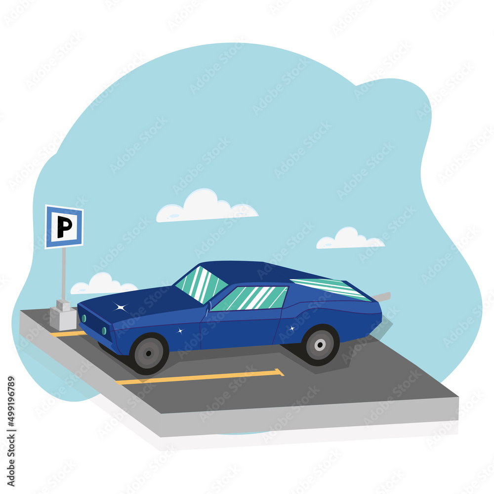 Isolated 3d blue vintage car on a parking slot Vector